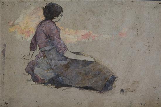 Harold Swanwick (1866-1929) Sketches of a woman at sunset, a woman on a bridge and a harbour scene, largest 9.5 x 13in., unframed.